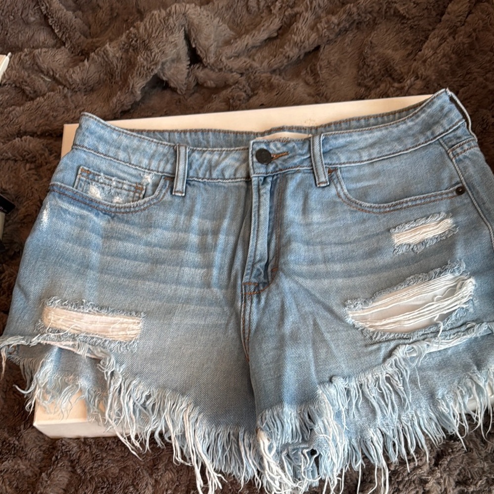 Distressed Blue Jean Shorts with Raw Hem